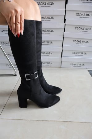 Kadın Lamor Siyah Süet Topuklu Yandan Fermuarlı Diz Altı Çizme 410 