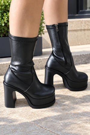 Kadın Gander Siyah 12 Cm Streç  Platform Topuklu Bot  