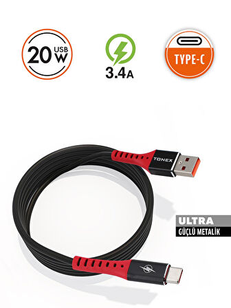 20W TYP-C Ultra Güçlü Metalik USB Kablo