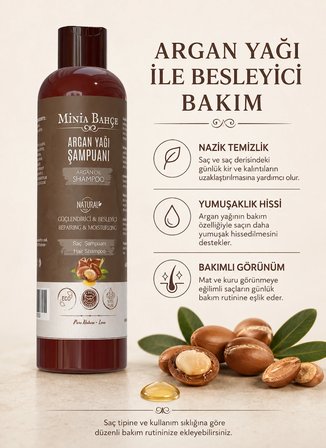Minia Bahçe Argan Yağlı Şampuan – 400 ml | Isırgan Otu, Buğday Proteini
