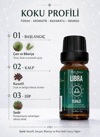 Terazi Burcu Uçucu Yağ Karışımı – Karanfil, Çam, Biberiye ve Sedir Uçucu Yağları, 10 ml