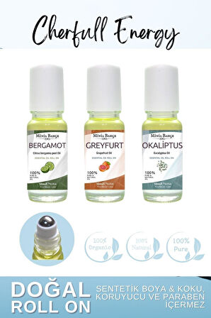 Doğal Roll on, Enerji Seti, Greyfurt, Bergamot, Okaliptus Uçucu Yağı, 10ml x 3