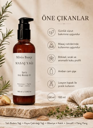 Minia Bahçe Biberiye Masaj Yağı – 100 ml | Kekik, Zencefil
