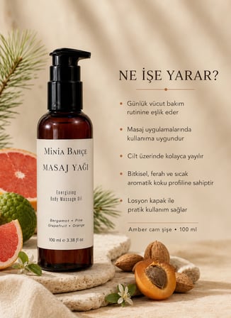 Minia Bahçe Bergamot Masaj Yağı – 100 ml | Çam, Greyfurt, Portakal