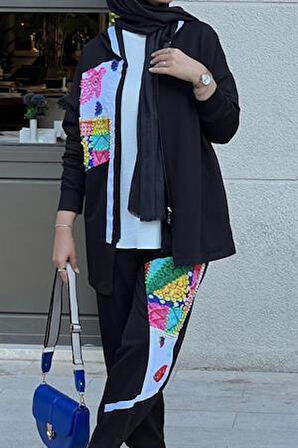 Kadın Taş İşlemeli Kapüşonlu Özel Tasarım Tesettür İkili Takım