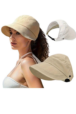 1 adet Kadın Geniş Kenarlı UV Korumalı Güneş Şapkası – Nefes Alabilen Açık Üst Tasarım | Şık Yaz & Plaj Aksesuarı | Kuyruklu Saçlar İçin Uygun | Polyester