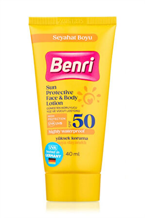 Benri Yüz ve Vücut Güneş Koruyucu Losyon SPF 50 – Kompakt Boy, Yüksek Koruma, 40 ml