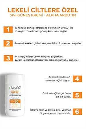 Sinoz SPF 50+ Lekeli Ciltlere Özel Sıvı Güneş Kremi – Leke Karşıtı, Hafif Yapı, Yüksek Koruma, 50 ml