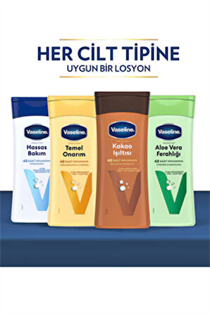 Vaseline Vücut Losyonu 4'lü Set – 4 x 200 ml | Aloe Vera, Kakao, Hassas Bakım, Temel Onarım | Tüm Cilt Tipleri İçin Nemlendirici Set