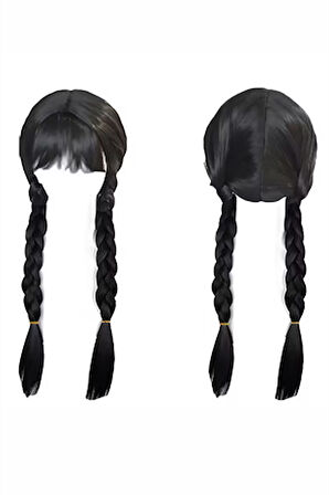Wednesday Addams Karakter Peruk – 61 cm Uzunluk, Isıya Dayanıklı Sentetik Örgülü Saç, Doğal Siyah, Halloween & Parti Kostüm Peruğu