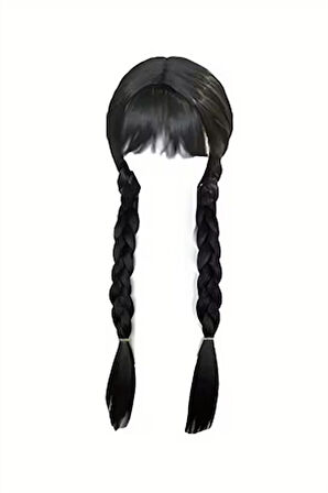 Wednesday Addams Karakter Peruk – 61 cm Uzunluk, Isıya Dayanıklı Sentetik Örgülü Saç, Doğal Siyah, Halloween & Parti Kostüm Peruğu