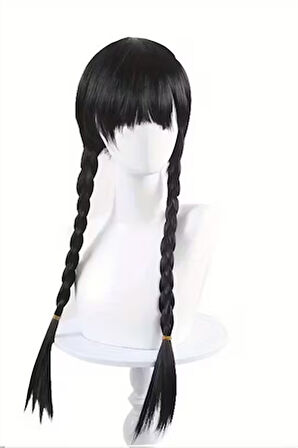 Wednesday Addams Karakter Peruk – 61 cm Uzunluk, Isıya Dayanıklı Sentetik Örgülü Saç, Doğal Siyah, Halloween & Parti Kostüm Peruğu