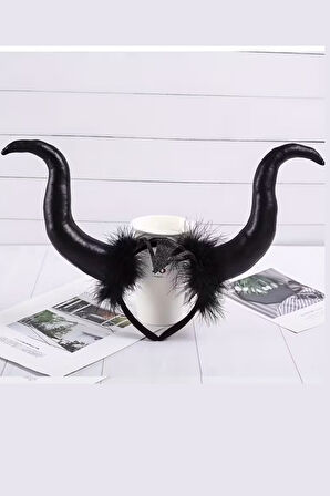 Retro Punk Cadılar Bayramı Boynuz Başlık – Kütahya Esintili Anime Pop Sanat Tasarım, Pluş Tüy Detaylı, Kırmızı & Siyah