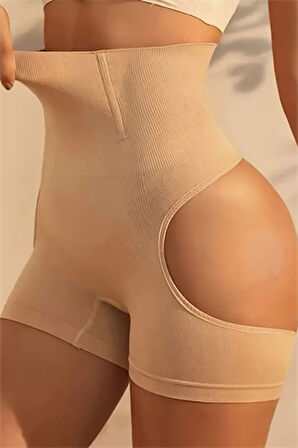 Kadın Yüksek Bel Şekillendirici Şort – Karın Toparlayıcı & Kalça Kaldırıcı, Dikişsiz Örme Kumaş, Orta Destek, Asimetrik Tasarım