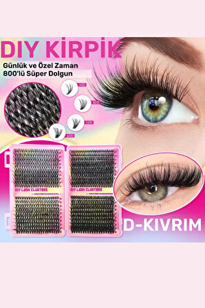 800 Parça Kendin Yap Kirpik Seti – 9-16mm Küme Kirpikler, Cımbız, Fırça ve Yapıştırıcı ile Birlikte Büyük Kapasiteli Kitap Seti