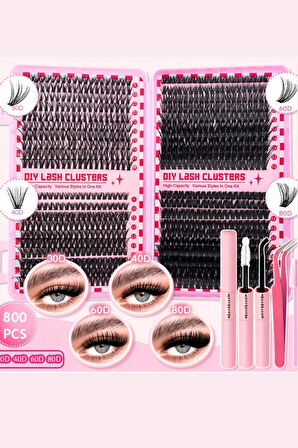 800 Parça Kendin Yap Kirpik Seti – 9-16mm Küme Kirpikler, Cımbız, Fırça ve Yapıştırıcı ile Birlikte Büyük Kapasiteli Kitap Seti