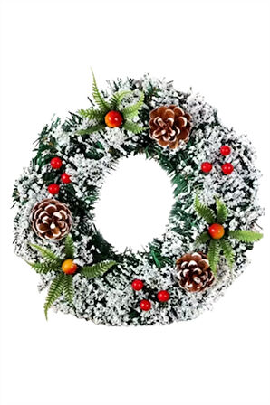 El Yapımı Noel Çelengi – Suni Kar Efekti, Çam Kozalakları ve Kırmızı Yemiş Detaylı | İç & Dış Mekan Uyumlu Şenlikli Yılbaşı Kapı ve Ev Dekoru | Elektriksiz, Plastik, Tüysüz Tasarım (1 Adet)