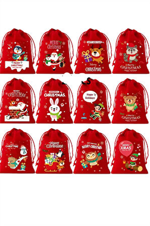 Noel Flanel Çekmeli Hediye Torbası – Küçük Flanel Poşet | Şapkalı Geyik, Penguen, Baykuş, Santa Claus ve Kaykaylı Kar Araba Desenli | Rastgele Model (1 Adet)