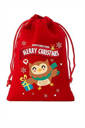 Noel Flanel Çekmeli Hediye Torbası – Küçük Flanel Poşet | Şapkalı Geyik, Penguen, Baykuş, Santa Claus ve Kaykaylı Kar Araba Desenli | Rastgele Model (1 Adet)