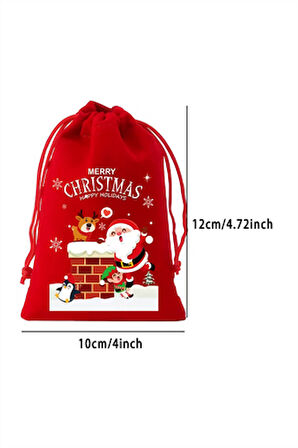 Noel Flanel Çekmeli Hediye Torbası – Küçük Flanel Poşet | Şapkalı Geyik, Penguen, Baykuş, Santa Claus ve Kaykaylı Kar Araba Desenli | Rastgele Model (1 Adet)