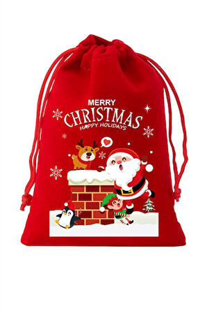 Noel Flanel Çekmeli Hediye Torbası – Küçük Flanel Poşet | Şapkalı Geyik, Penguen, Baykuş, Santa Claus ve Kaykaylı Kar Araba Desenli | Rastgele Model (1 Adet)