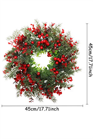 45 cm (17.71 inç) Festive Yapay Noel Çelengi – Çam Yaprakları ve Kırmızı Meyveler | Klasik Duvar & Kapı Süsü | Elektrik Gerektirmez | Ev ve Parti Dekoru için İdeal