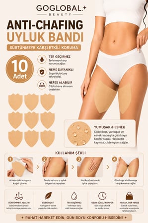 10'lu Uyluk Sürtünme Önleyici Bant | Kendinden Yapışkanlı Pişik Önleyici Baldır Koruyucu Ped | Kadın ve Erkek Kullanımı