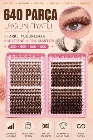 640 Parça Doğal Kahverengi Küme Kirpik | 30D 50D 60D 80D D Curl | Evde Takma Kirpik Seti | 9-16 mm