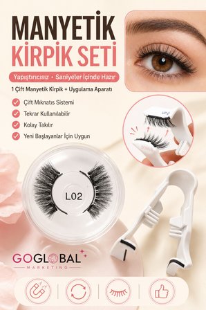 Manyetik Takma Kirpik Seti L02 | Çift Mıknatıslı | Yapıştırıcısız | Doğal Görünüm | Uygulama Aparatlı