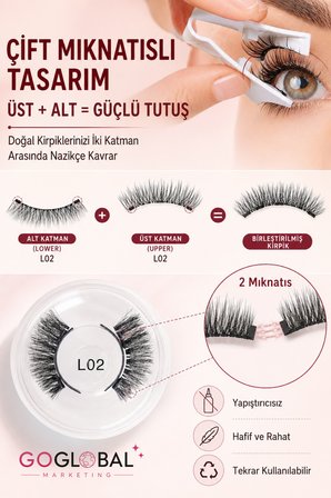 Manyetik Takma Kirpik Seti L02 | Çift Mıknatıslı | Yapıştırıcısız | Doğal Görünüm | Uygulama Aparatlı