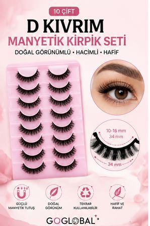 10 Çift D Kıvrım Takma Kirpik Seti | Doğal Hacimli Bütün Kirpik 10-16 mm | Hafif ve Tekrar Kullanılabilir