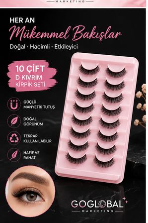 10 Çift D Kıvrım Takma Kirpik Seti | Doğal Hacimli Bütün Kirpik 10-16 mm | Hafif ve Tekrar Kullanılabilir