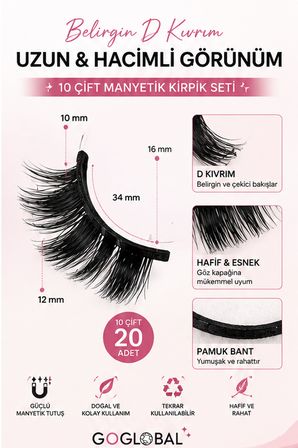 10 Çift D Kıvrım Takma Kirpik Seti | Doğal Hacimli Bütün Kirpik 10-16 mm | Hafif ve Tekrar Kullanılabilir