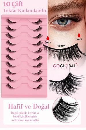 10 Çift Doğal Takma Kirpik Seti | Hafif Bütün Kirpik 3-8 mm | Günlük Kullanım Tekrar Kullanılabilir