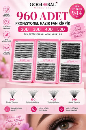 GOGLOBAL 960 Adet Hazır Fan Takma Kirpik Seti 20D 30D 40D 50D Mix 9-14 mm Bond Seal Cımbız Fırça