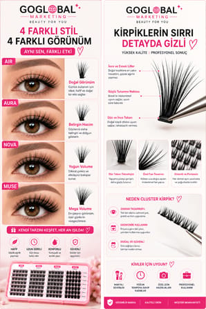 4 Farklı Stil Cluster Takma Kirpik Seti D Curl 9-16 mm Mix AIR AURA NOVA MUSE Bond & Seal Cımbız Fırça