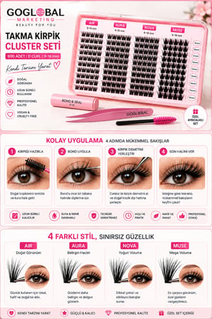 4 Farklı Stil Cluster Takma Kirpik Seti D Curl 9-16 mm Mix AIR AURA NOVA MUSE Bond & Seal Cımbız Fırça