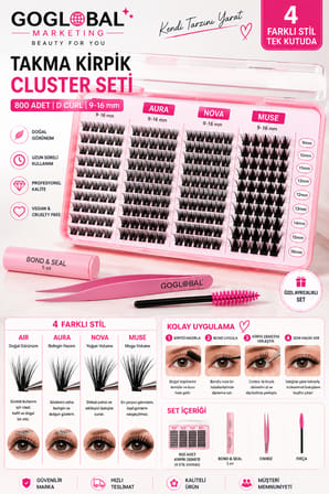 4 Farklı Stil Cluster Takma Kirpik Seti D Curl 9-16 mm Mix AIR AURA NOVA MUSE Bond & Seal Cımbız Fırça