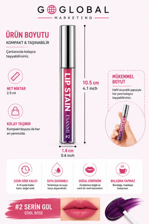 ESANMI Lip Stain #2 Cool Rose Soyulabilir Kalıcı Dudak Renklendirici – Bulaşma Yapmayan Peel Off Lip Tint 2,5 ml