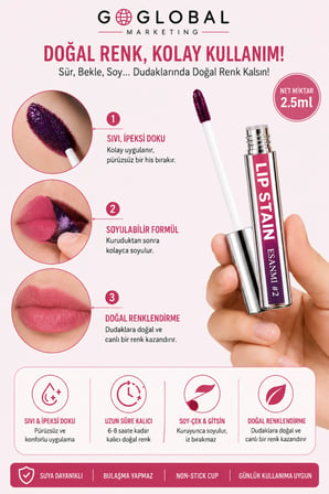 ESANMI Lip Stain #2 Cool Rose Soyulabilir Kalıcı Dudak Renklendirici – Bulaşma Yapmayan Peel Off Lip Tint 2,5 ml