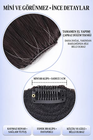 Kadın Takma Perçem Natural Black Doğal Siyah Mini Klipsli File Tabanlı Doğal Görünümlü Kahkül
