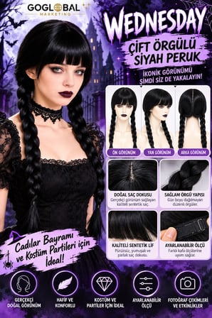 Wednesday Tarzı Çift Örgülü Siyah Peruk Kahküllü 55 cm – Halloween Cadılar Bayramı Kostüm Peruğu