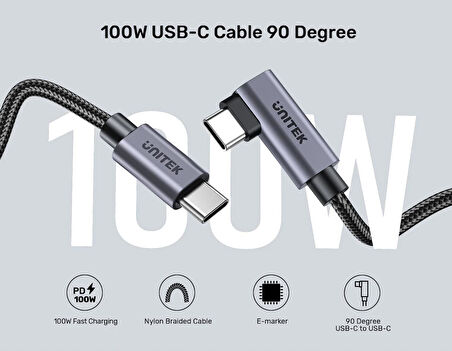UNITEK TYPE-C HIZLI ŞARJ KABLOSU 90 DERECE 3 METRE 100W (C14123BK-3M)