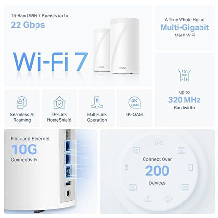 TP-LINK DECO BE85 BE19000 Wifi7 Üç Bantlı Tüm Ev İçin Mesh Router