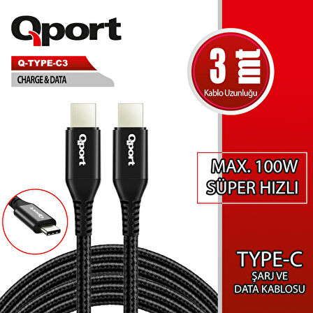 QPORT Q-TYPE-C3 3M TYPE-C 100W SUPER HIZLI PD SARJ VE DATA KABLOSU