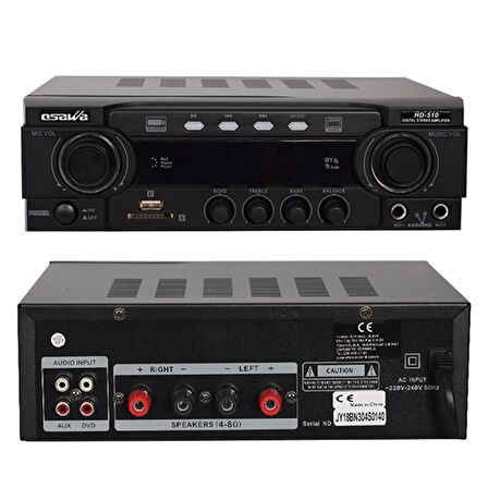 OSAWA HD-510 2X50 WATT 220V/12V GİRİŞ USB-SD -BT-UK TRAFOSUZ 2 MİK GİRİŞLİ STEREO ANFİ