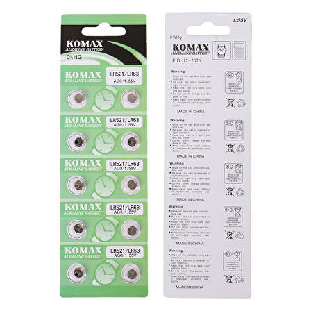 Komax AG-0 Alkalin LR521/379 Düğme Pil 10'lu Paket
