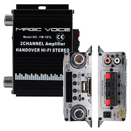 MagicVoice YW-191L 12 Volt 100 Watt Motosiklet Bluetooth Amfi USB/SD 2 Kanal Pazarcı - Anfi (125X95X40mm)