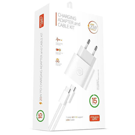 Powerway RXS27 20W Type-C Şarj Adaptörü - Kablo Seti (Apple 15 Pro-Pro Max Uyumlu)