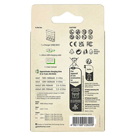 GP Recyko B441 Usb 4’lü AA - AAA Pil Şarj Cihazı (GPACSB44103 GPB441R21-2GTLB1)